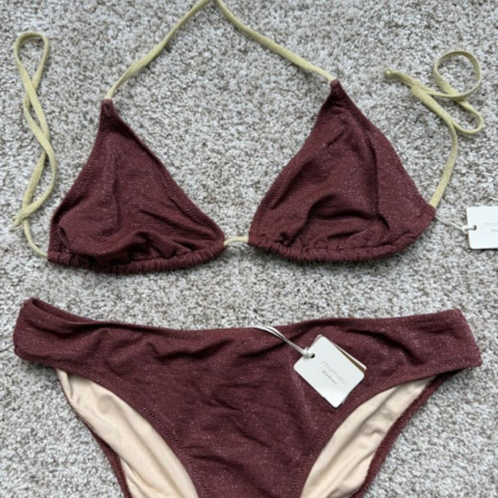 NWT Momoni Bikini Bathing Suit Metallic Magenta, with Gold Straps Size M